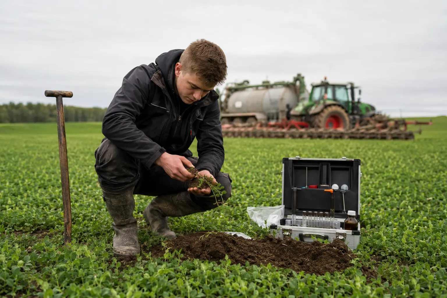 Agraringenieur nimmt eine Bodenprobe im Feld, Traktor im Hintergrund