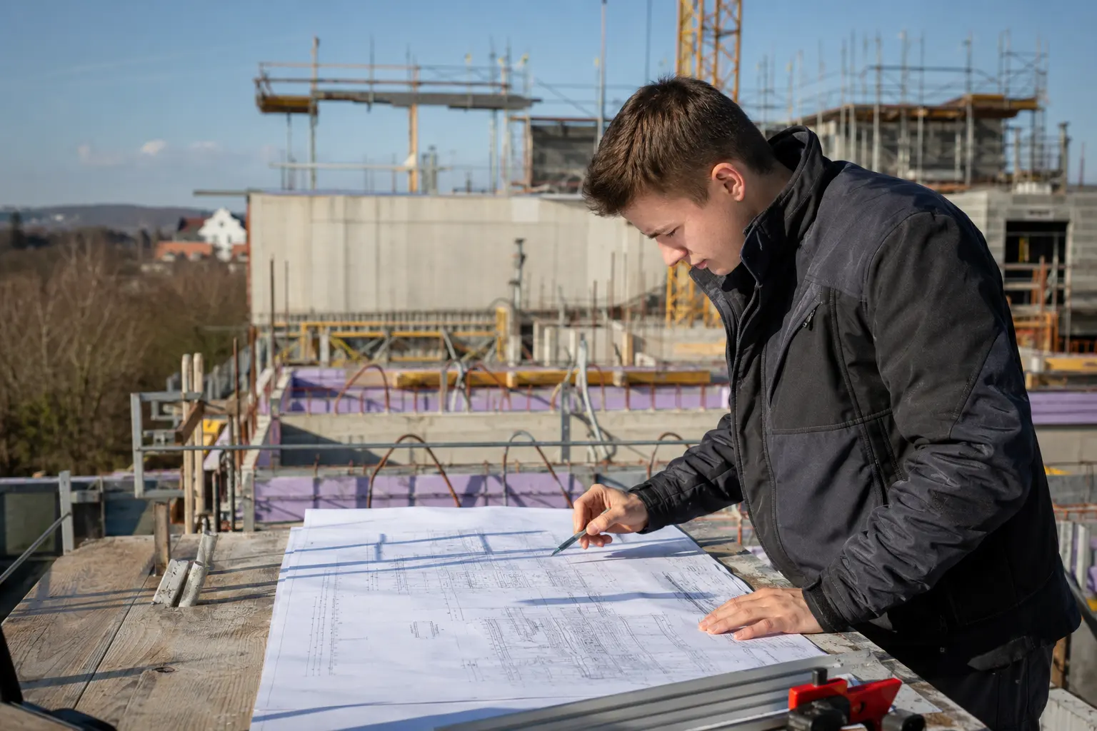 Bauingenieurin bespricht auf der Baustelle die Pläne