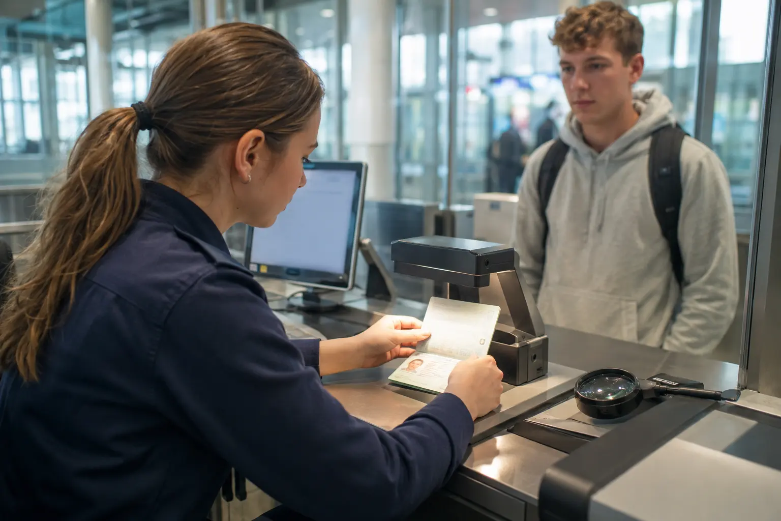 Beamtin kontrolliert einen Ausweis am Grenzübergang