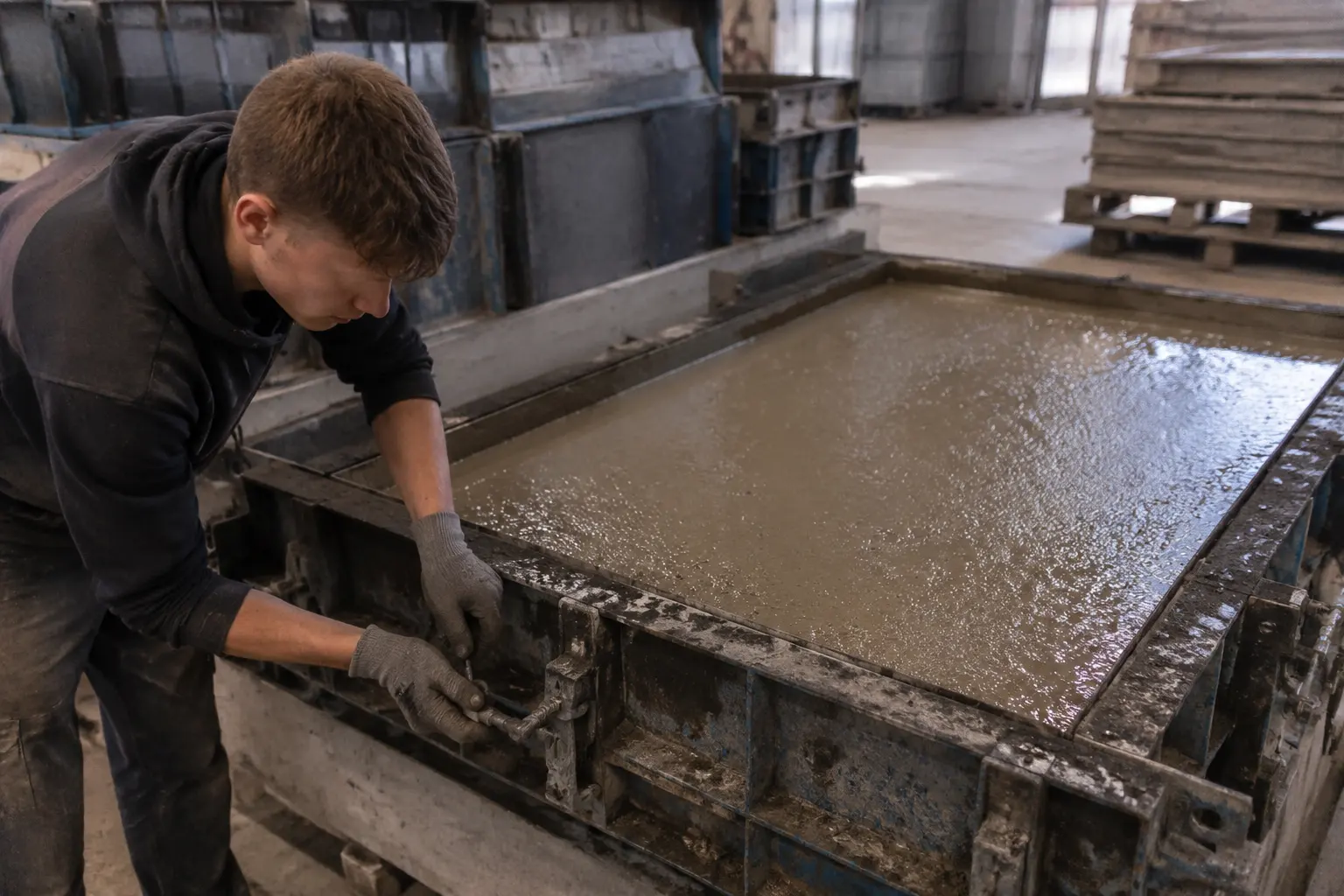 Betonfertigteilbauer/in: Gussform, die eine Betonmasse hält, bis sie erhärtet