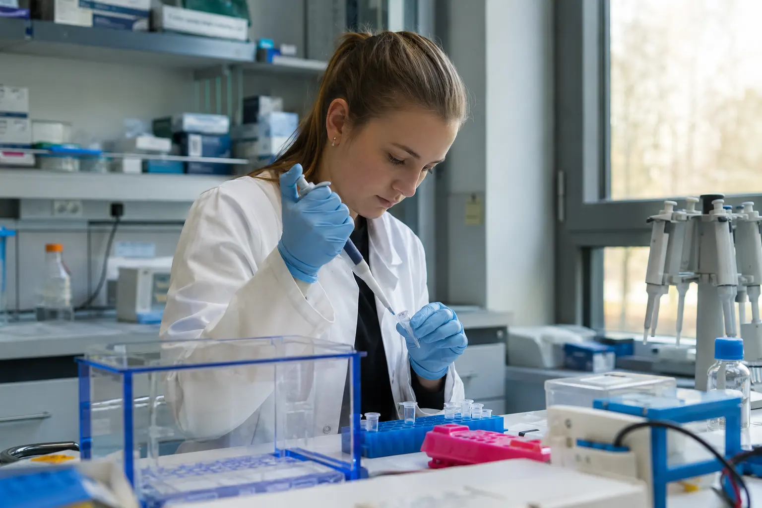 Biochemikerin arbeitet mit Proben an der Laborbank