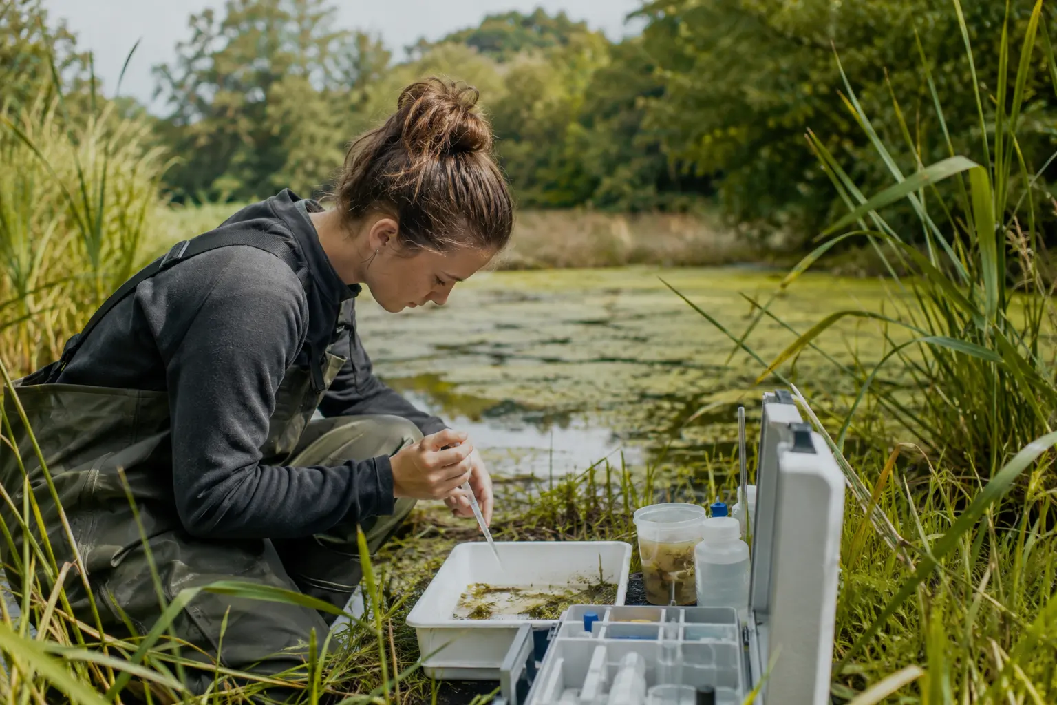 Biologin entnimmt eine Wasserprobe im Gelände