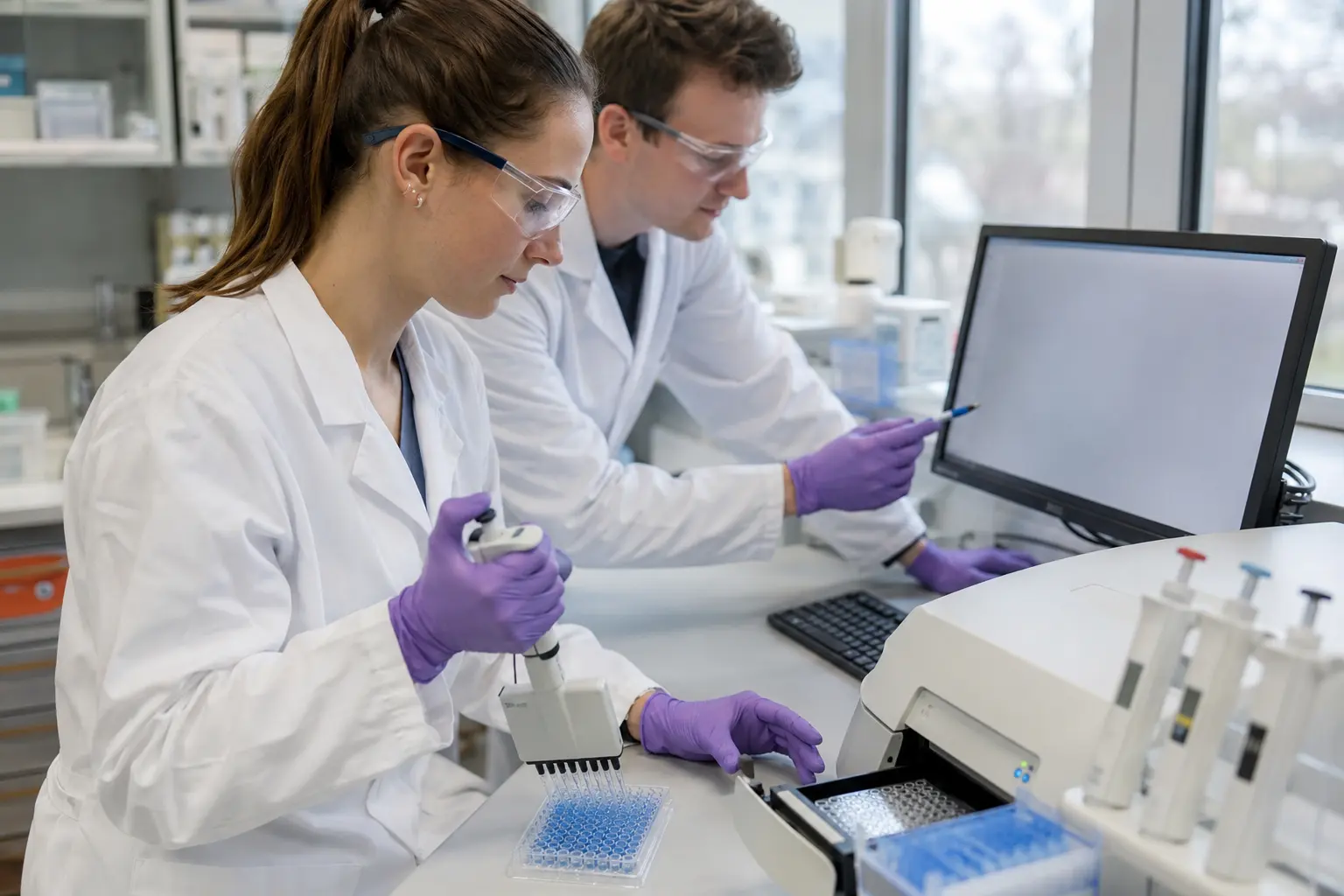 Zwei Biologielaborant:innen pipettieren Proben in eine Mikrotiterplatte