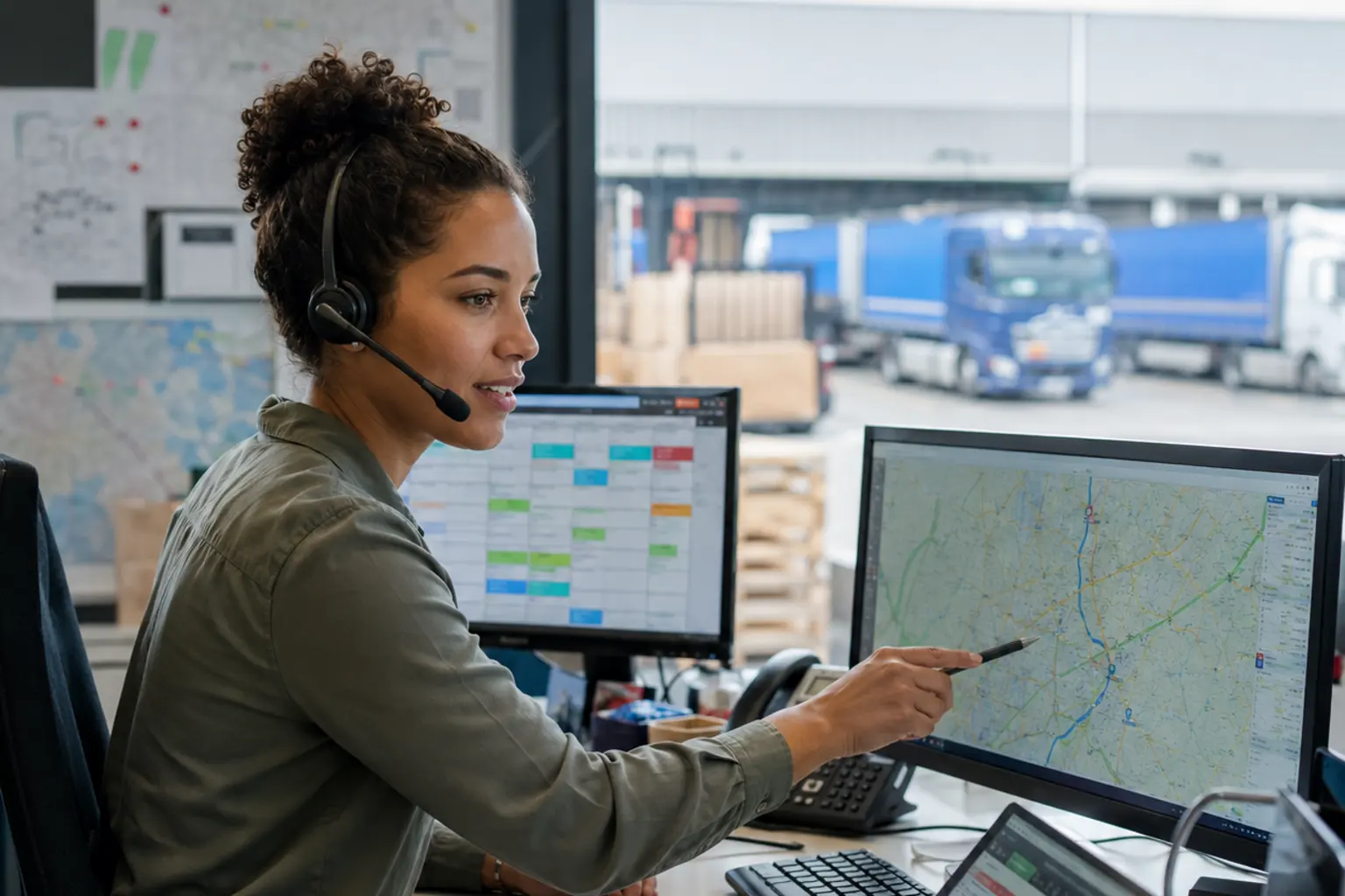 Disponentin mit Headset plant Touren an zwei Bildschirmen, im Hintergrund der Lkw-Hof