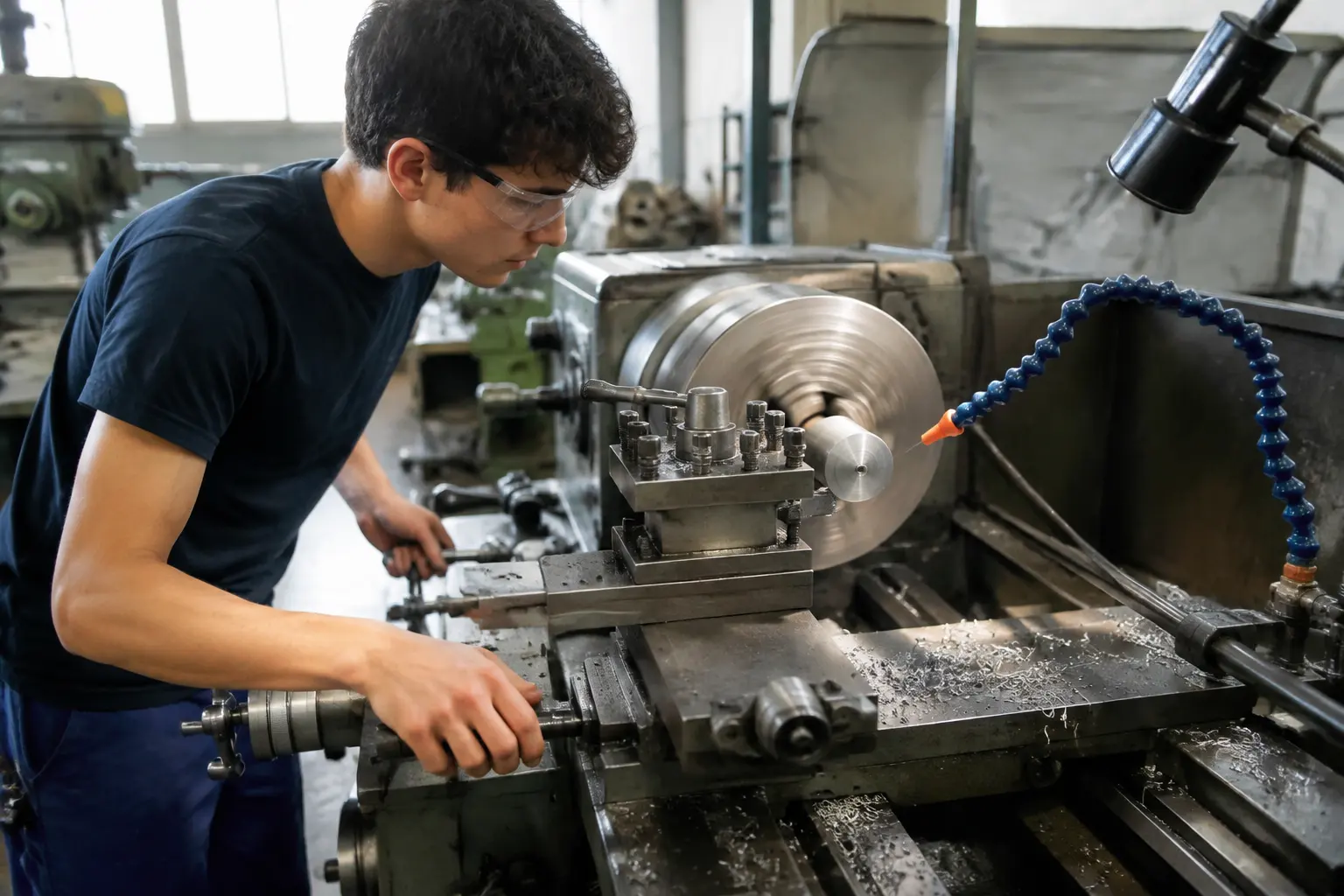 Auszubildender arbeitet an der Drehmaschine