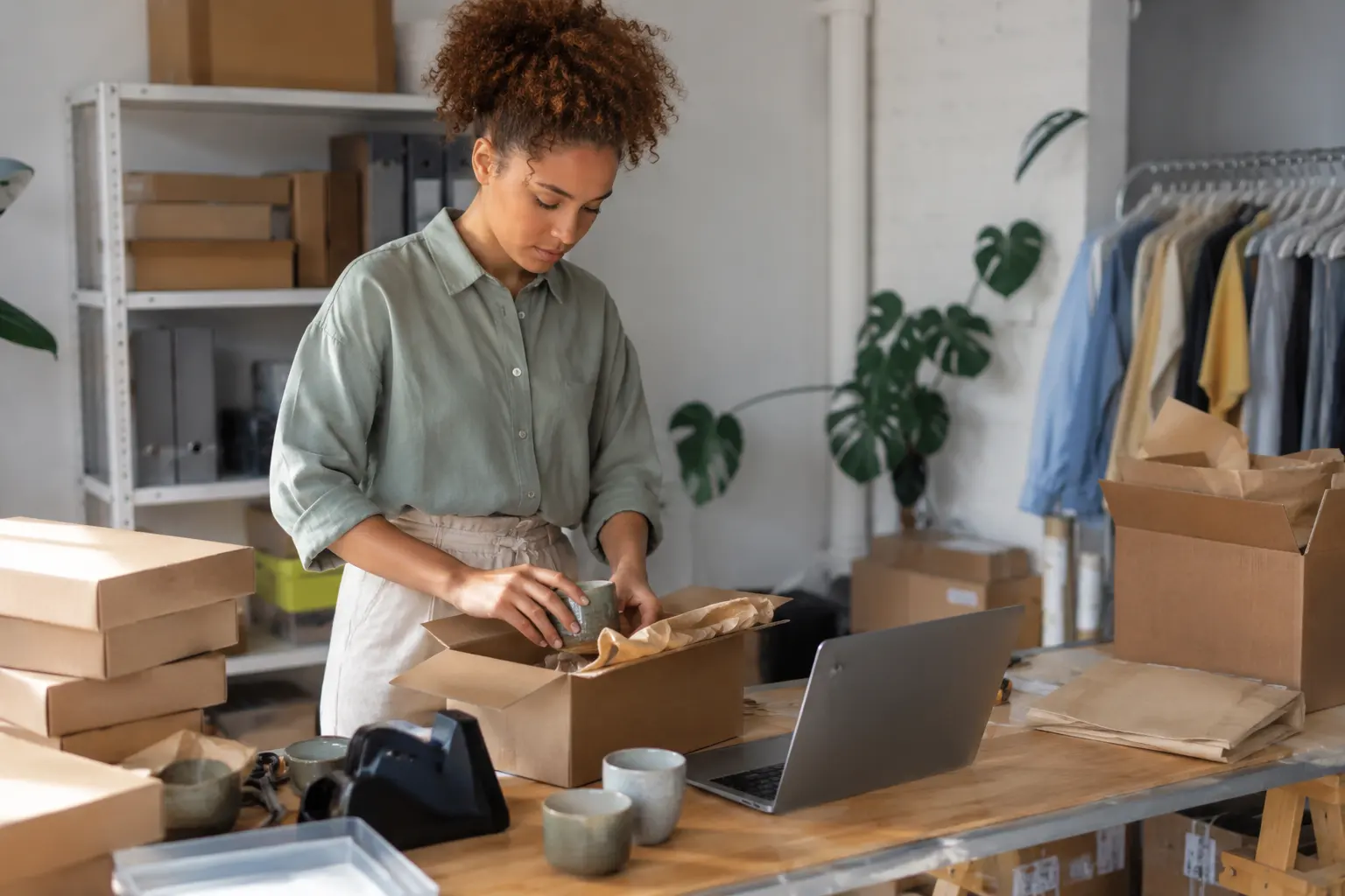 Gründerin packt Bestellungen in ihrem kleinen Ladenatelier, Laptop daneben