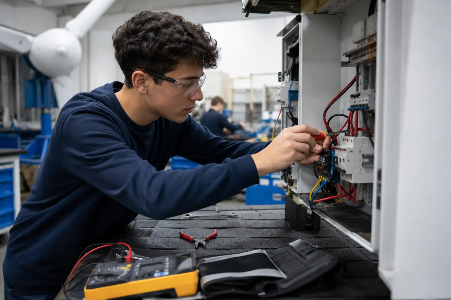 Student misst an einem geöffneten Schaltschrank mit dem Multimeter
