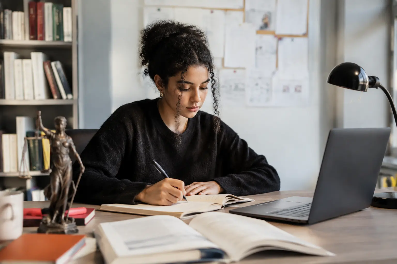 Studentin schreibt an einem Schreibtisch mit Fachbüchern und Justitia-Figur