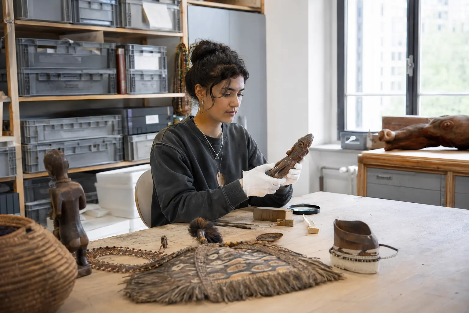 Studentin untersucht Objekte einer ethnologischen Sammlung im Magazin