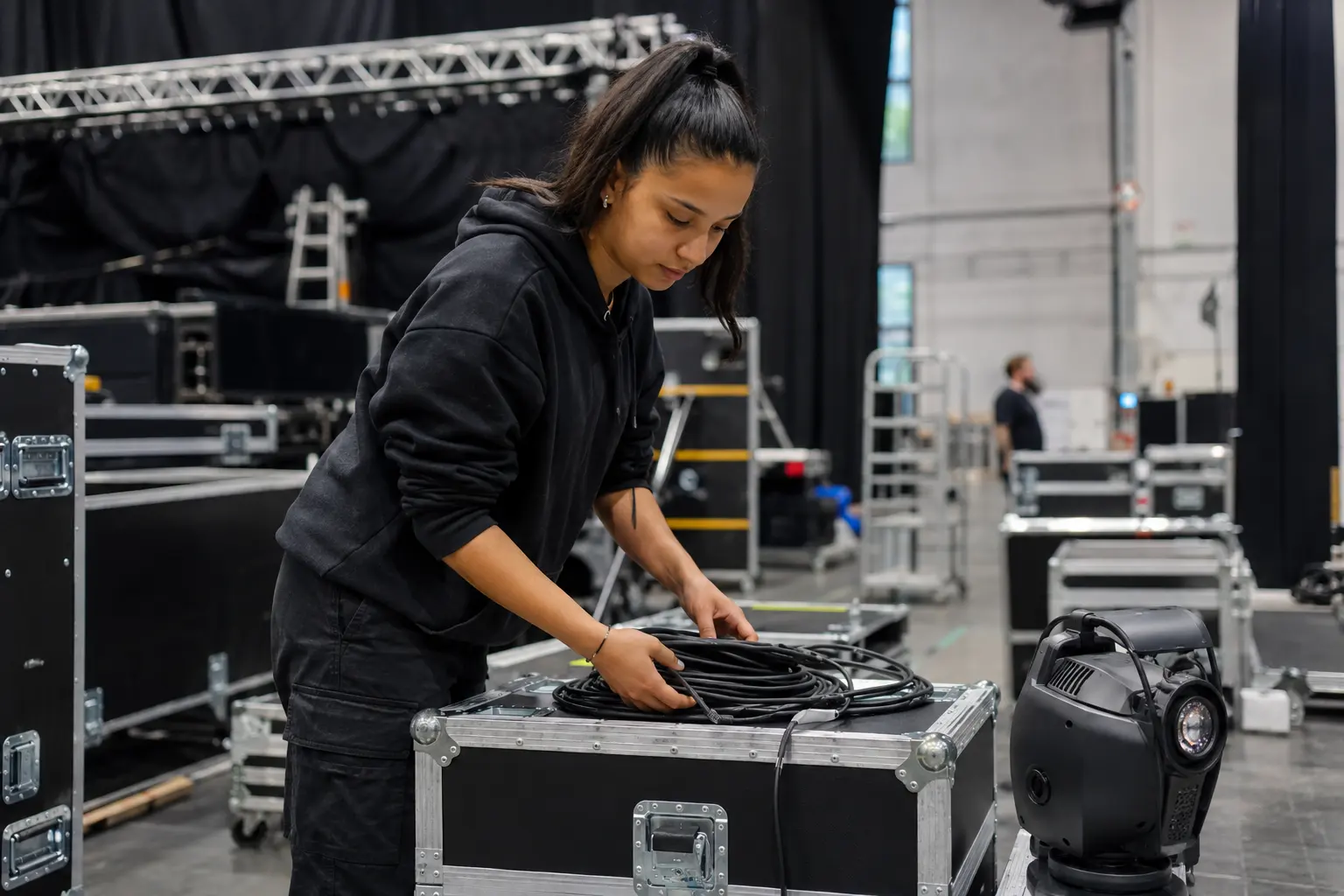 Veranstaltungstechnikerin sortiert Kabel neben Flightcases und Bühnenscheinwerfern