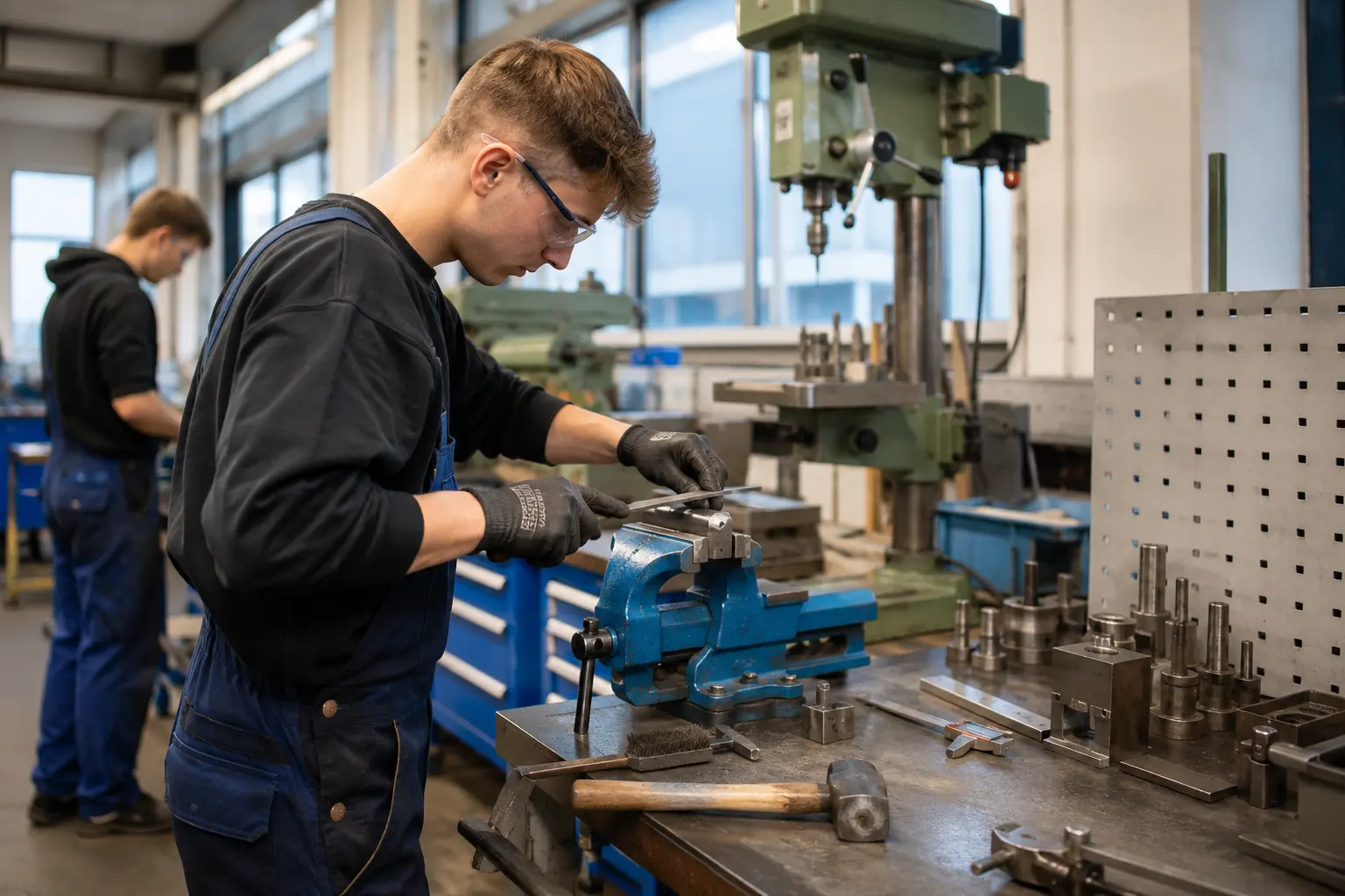 Fachkraft für Metalltechnik bohrt ein Werkstück an der Ständerbohrmaschine