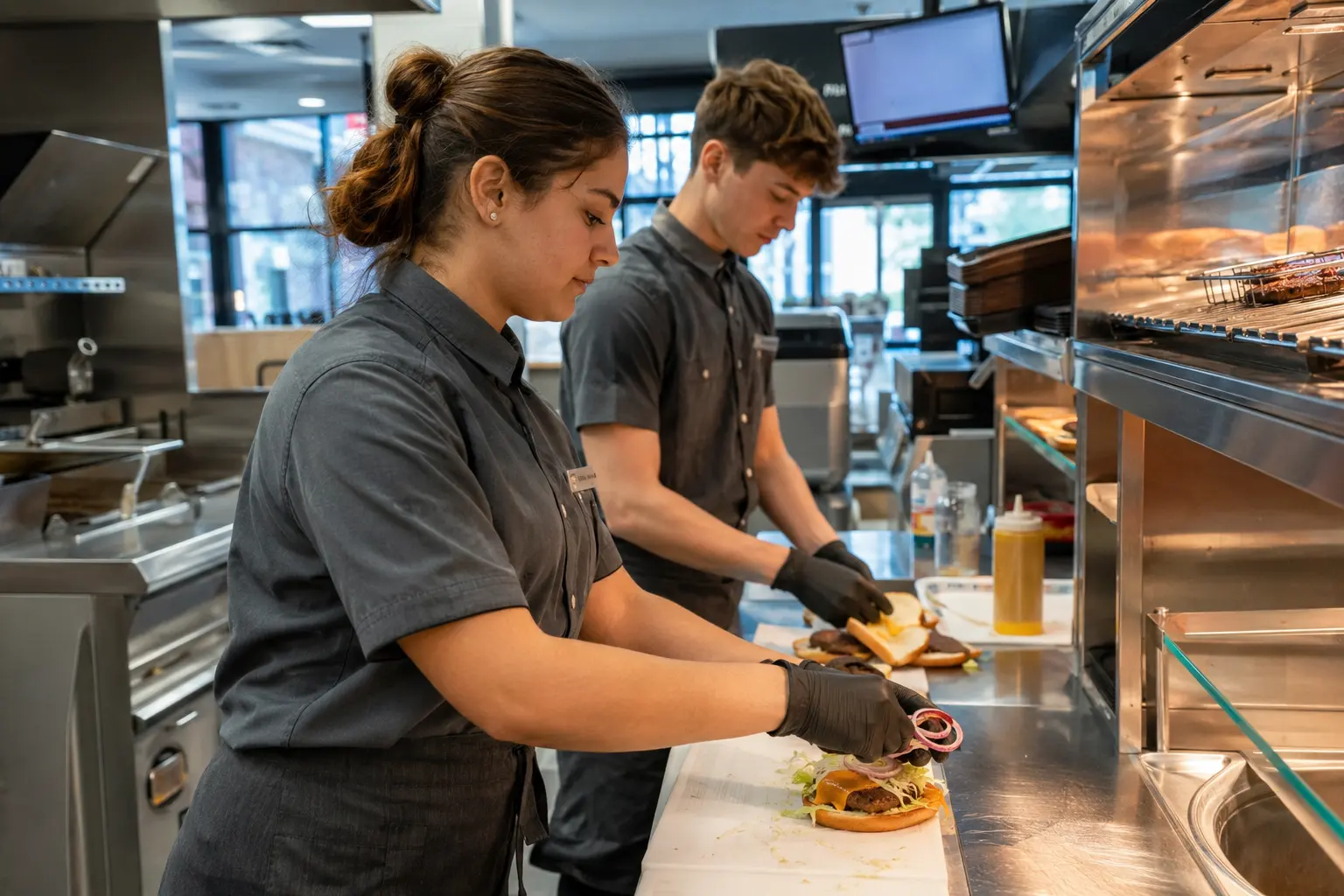 Fachkräfte für Systemgastronomie bereiten Speisen an der Theke zu