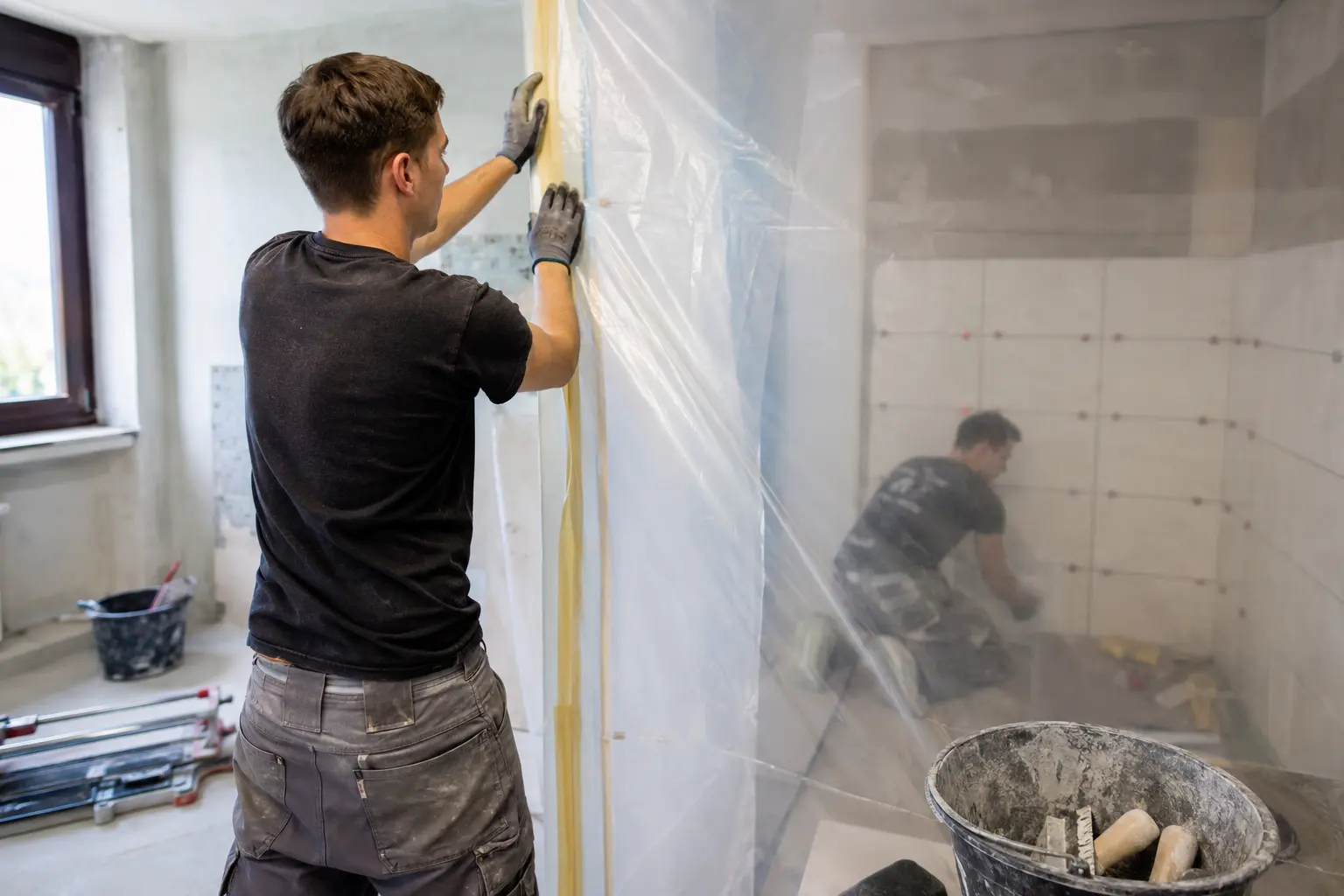 Fliesenleger arbeitet im abgeklebten Bad