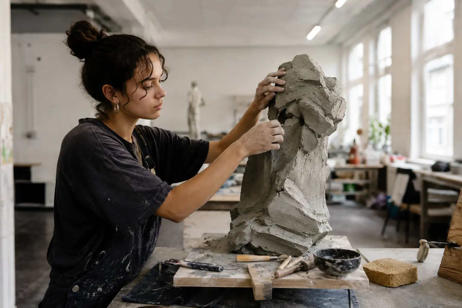 Studentin modelliert eine Tonskulptur im Atelier