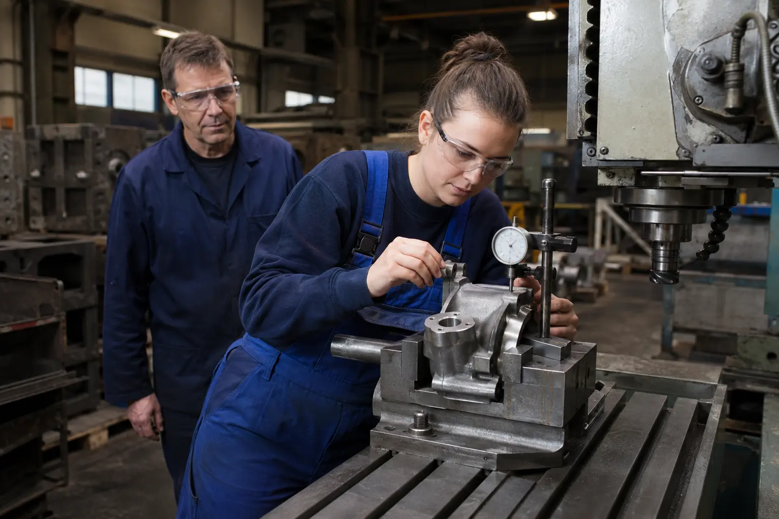 Gießereimechanikerin misst ein Gussteil mit der Messuhr