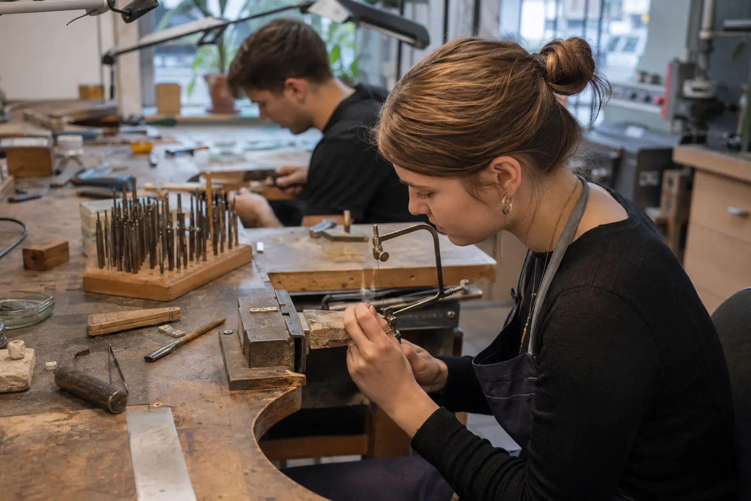 Goldschmiedin arbeitet an einem Schmuckstück am Werktisch