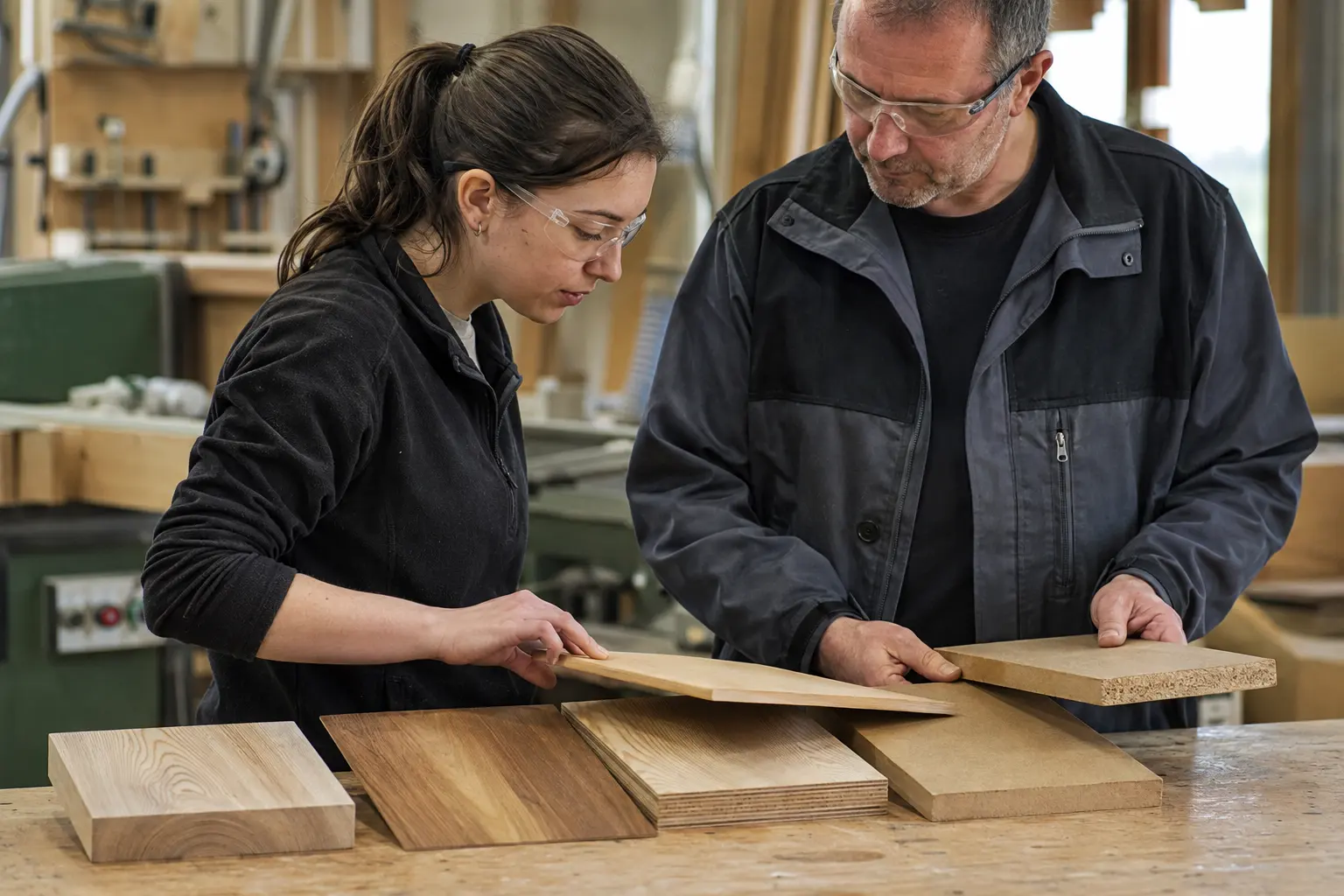 Holzmechanikerin und Ausbilder vergleichen Holzarten an der Werkbank