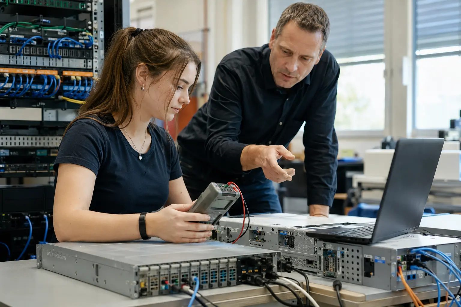 IT-System-Elektronikerin misst an einem Gerät, der Ausbilder erklärt