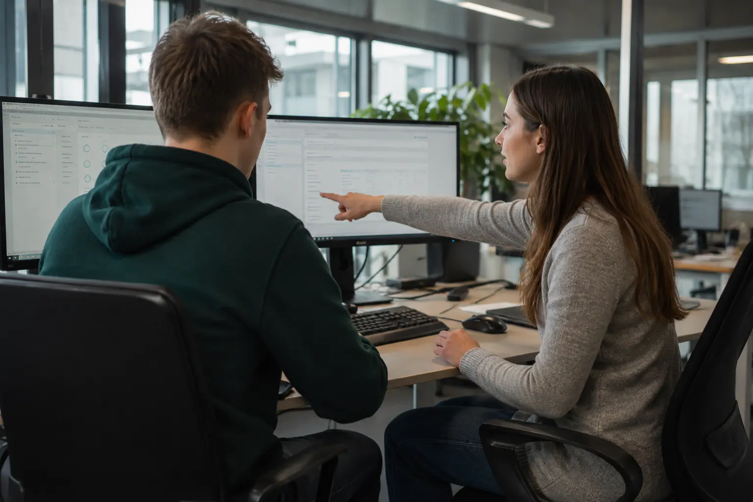 IT-System-Kaufleute besprechen eine Konfiguration am Arbeitsplatz