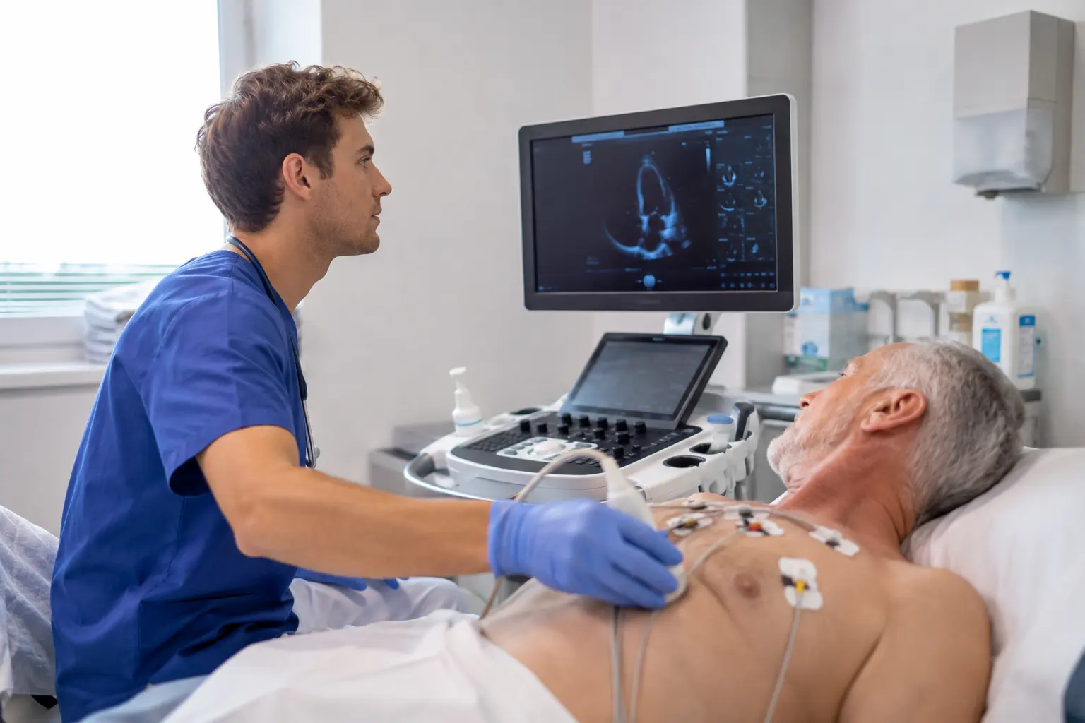Arzt führt bei einem älteren Patienten eine Herzultraschalluntersuchung durch