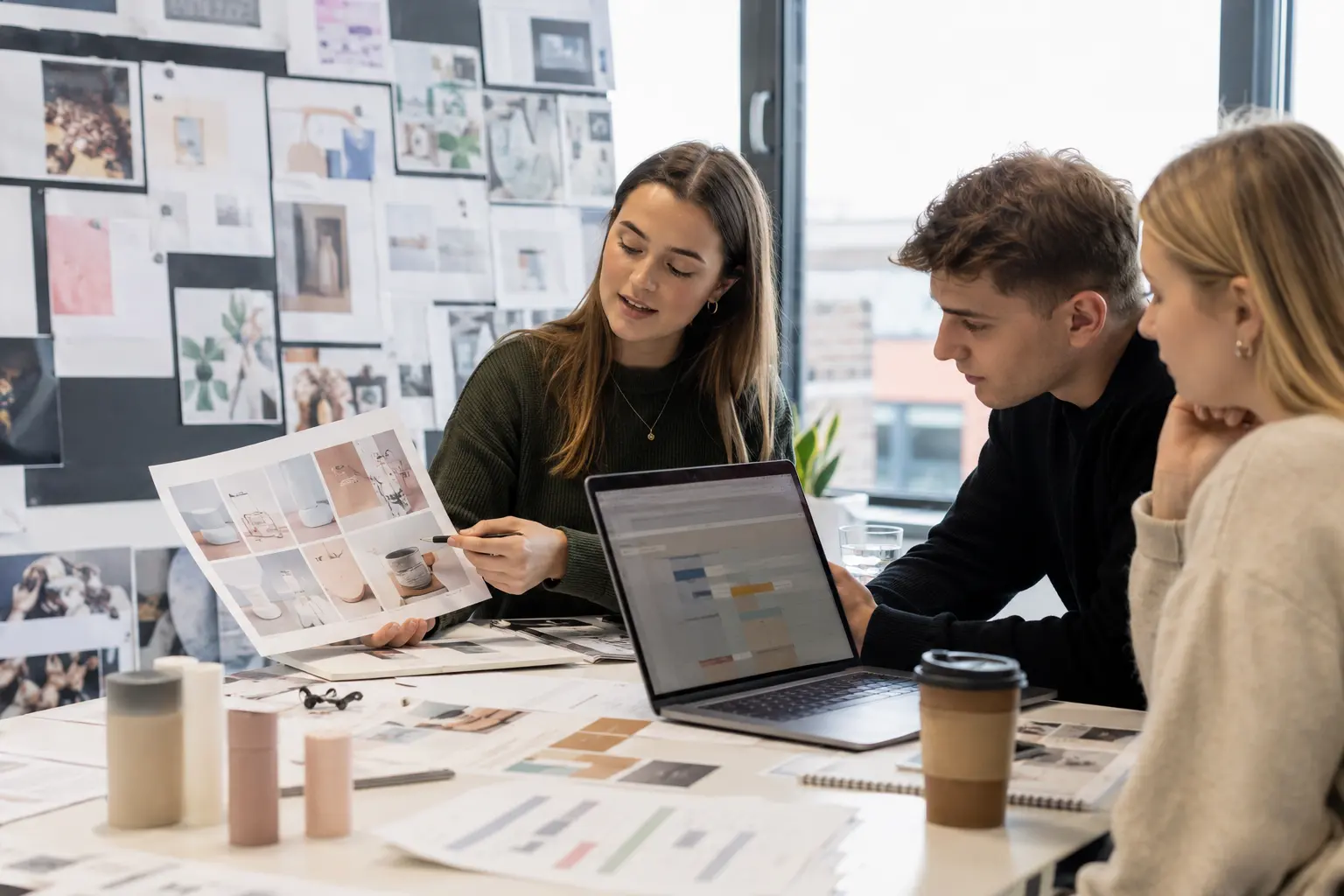 Team bespricht Entwürfe und Bildmaterial an der Moodboard-Wand