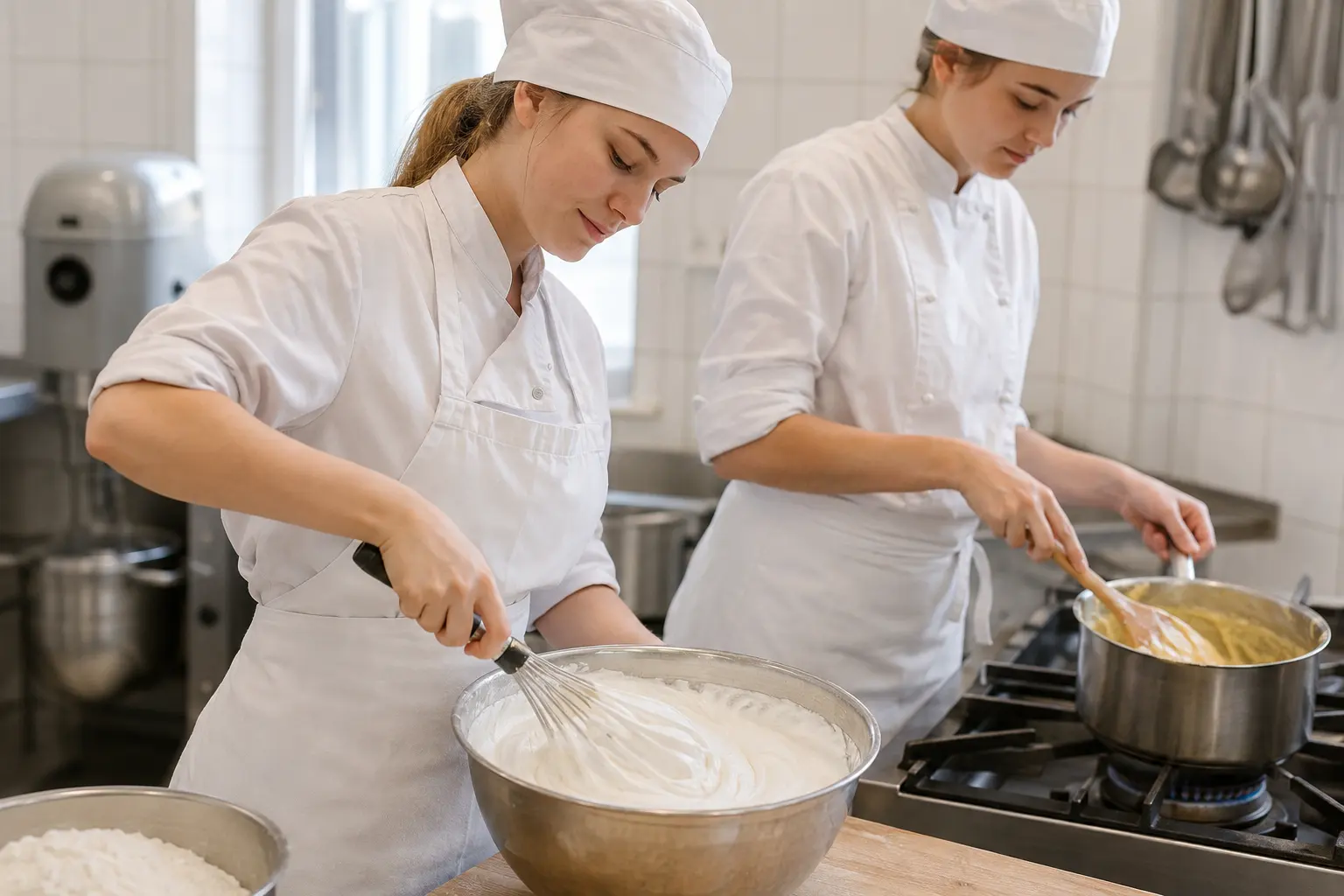 Zwei Konditorinnen schlagen Sahne und kochen Creme in der Backstube