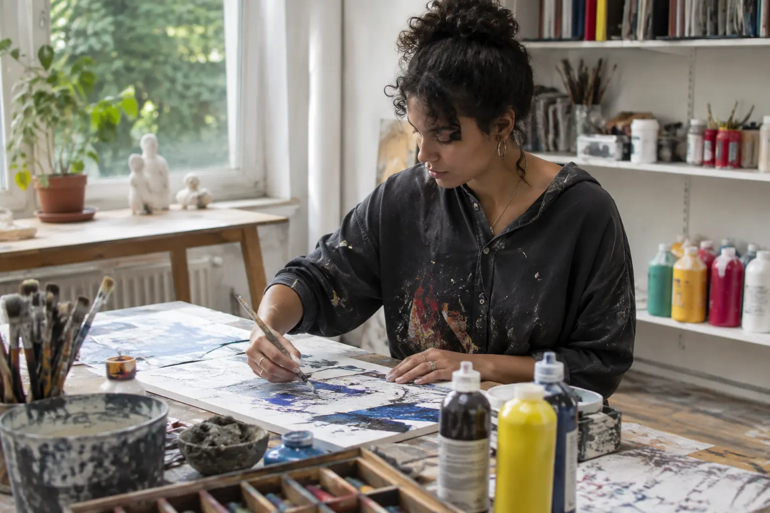 Kunsttherapeutin arbeitet mit Farben an einem Bild im Atelier