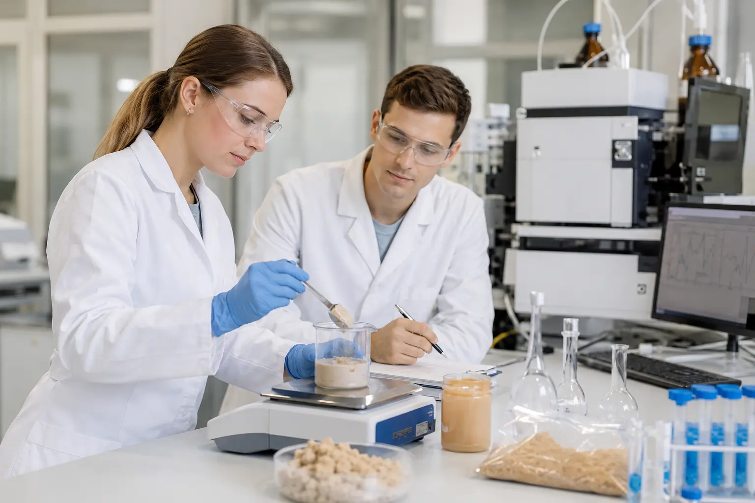 Zwei Personen wiegen im Labor eine Lebensmittelprobe für die Analyse ein