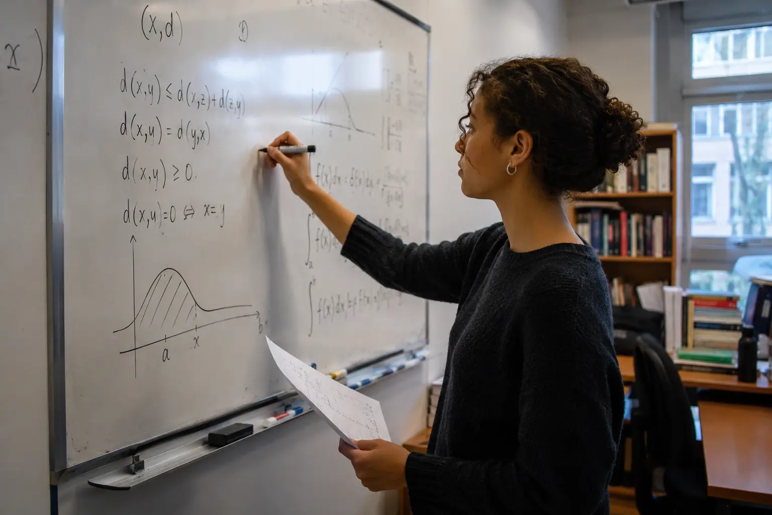Studentin schreibt Formeln und einen Funktionsgraphen an das Whiteboard