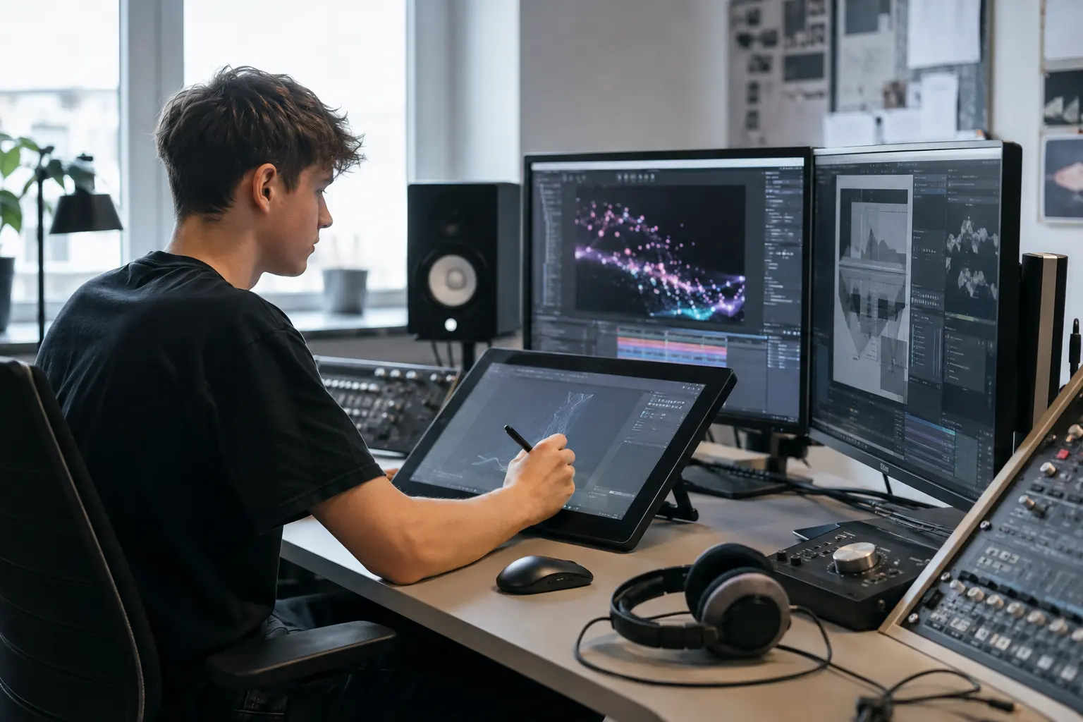 Designer bearbeitet Bewegtbild und Ton an mehreren Bildschirmen