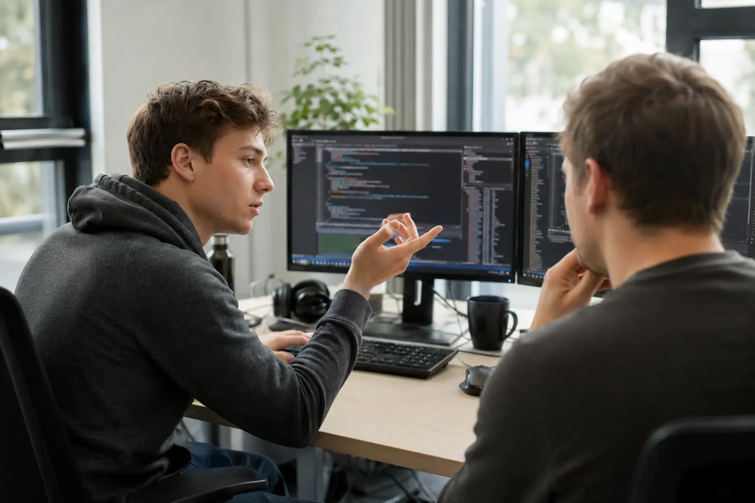 Zwei Entwickler besprechen Quellcode an zwei Bildschirmen