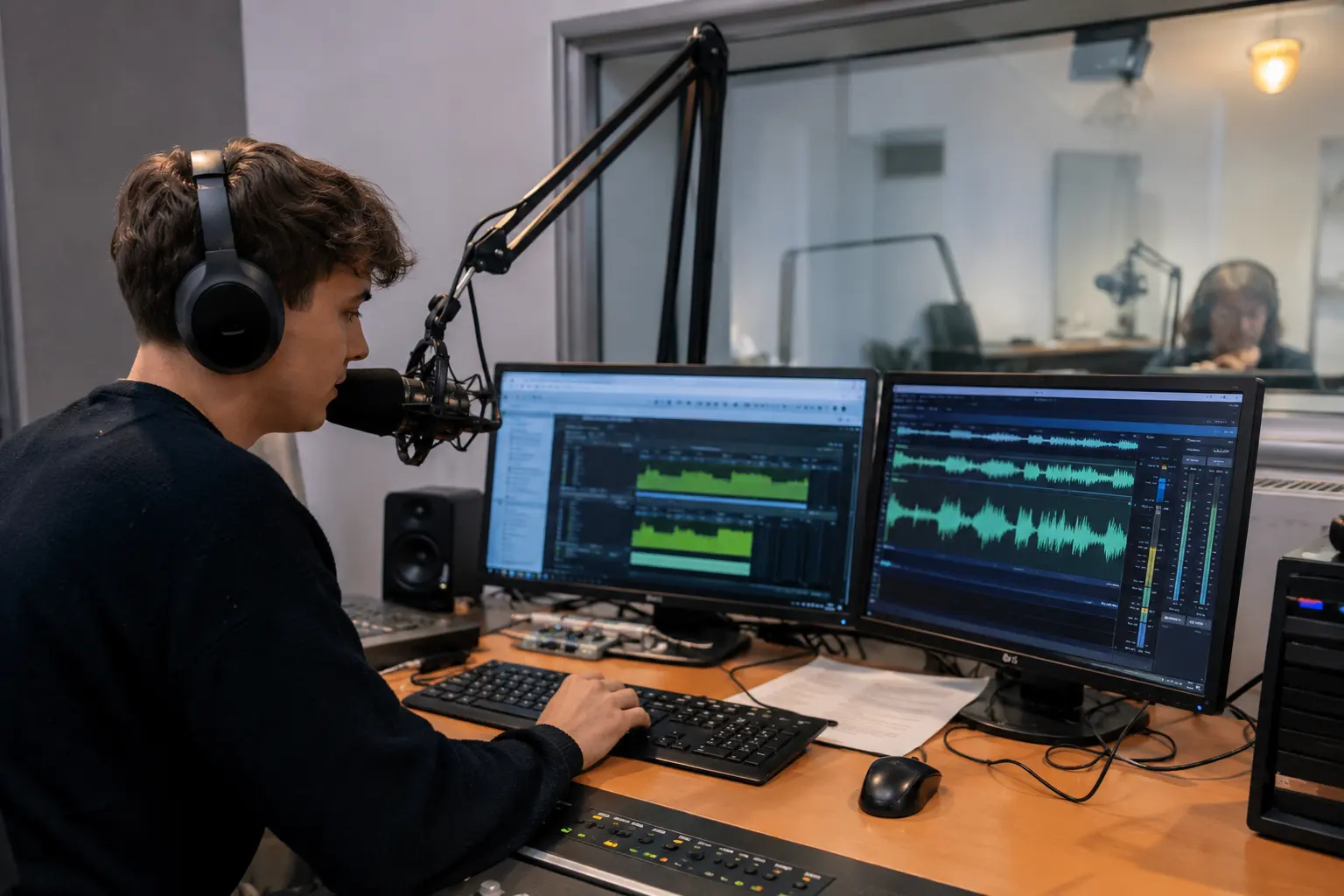 Radiojournalist spricht einen Beitrag ein und schneidet ihn am Rechner