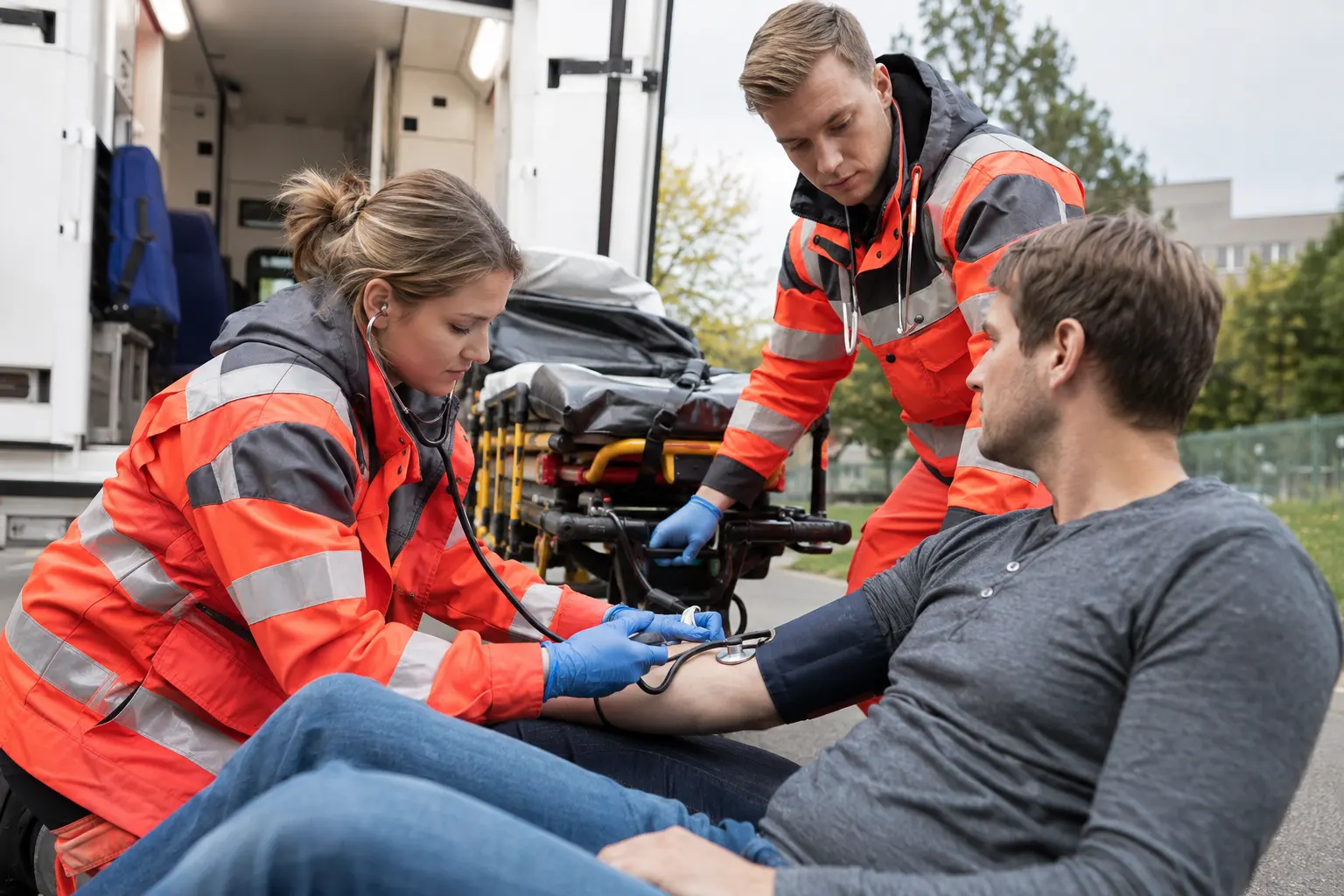 Rettungsteam versorgt einen Patienten am Rettungswagen und misst den Blutdruck