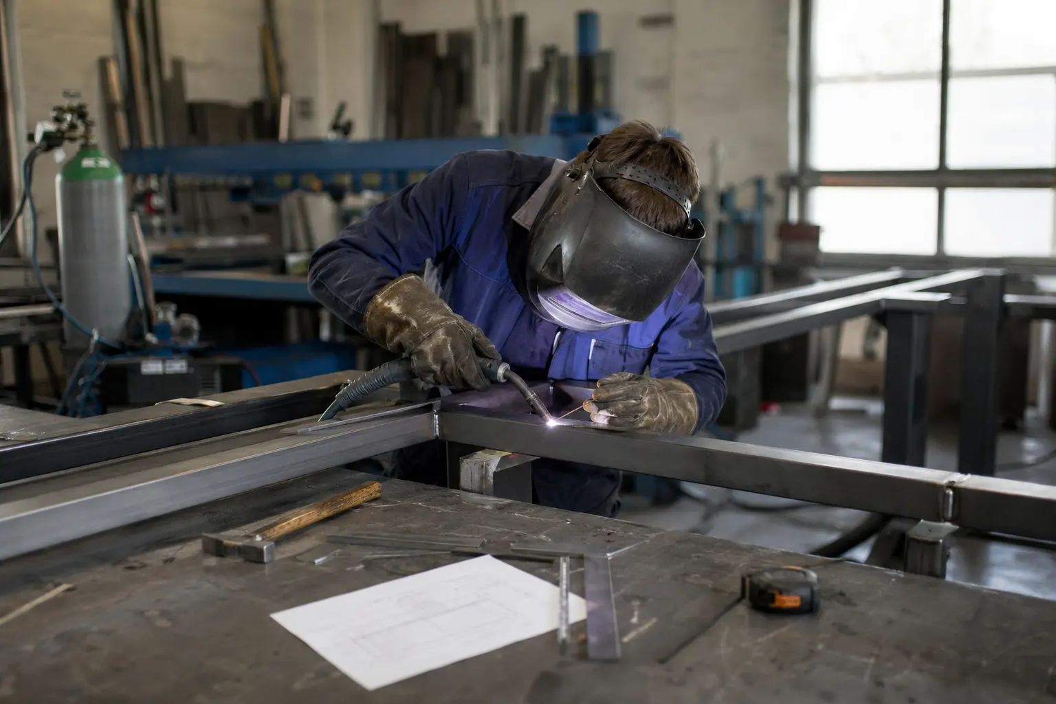 Metallbauer schweißt eine Stahlkonstruktion, Zeichnung auf dem Tisch