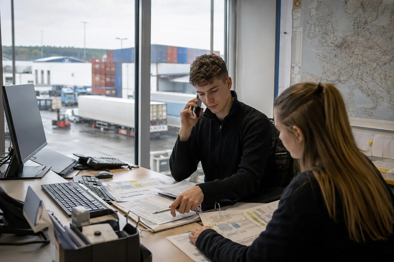 Speditionskaufmann telefoniert und prüft Frachtpapiere, Blick auf den Umschlagplatz
