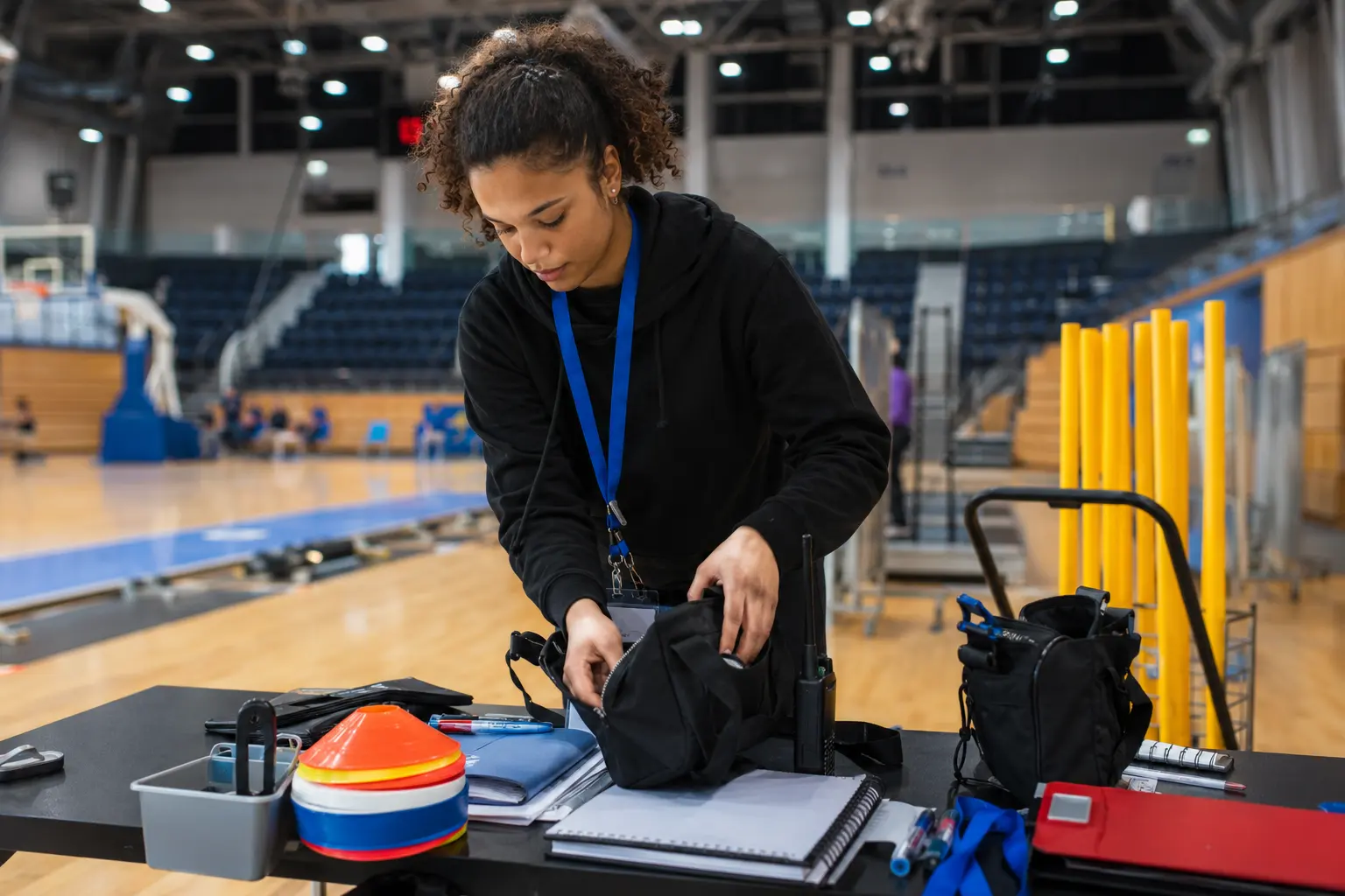 Mitarbeiterin sortiert Sportmaterial am Rand einer Sporthalle