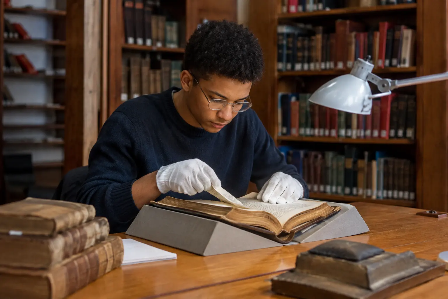 Student liest mit Handschuhen in historischen Bänden