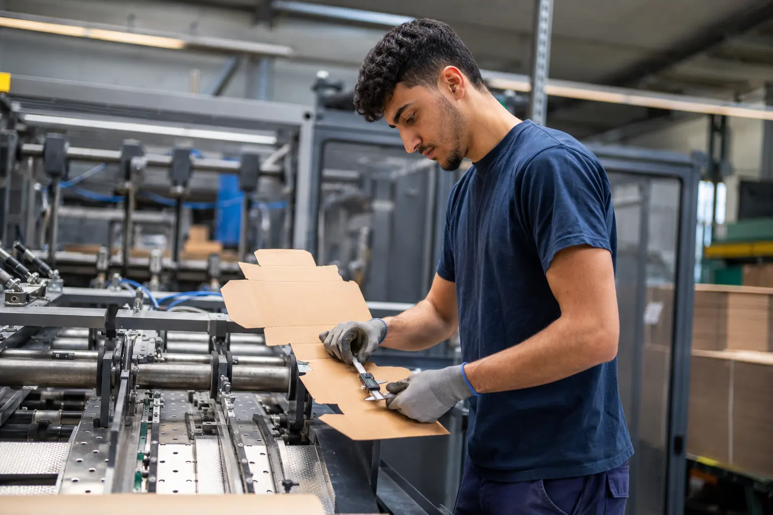 Verpackungsmittelmechaniker prüft einen Faltschachtel-Zuschnitt an der Maschine
