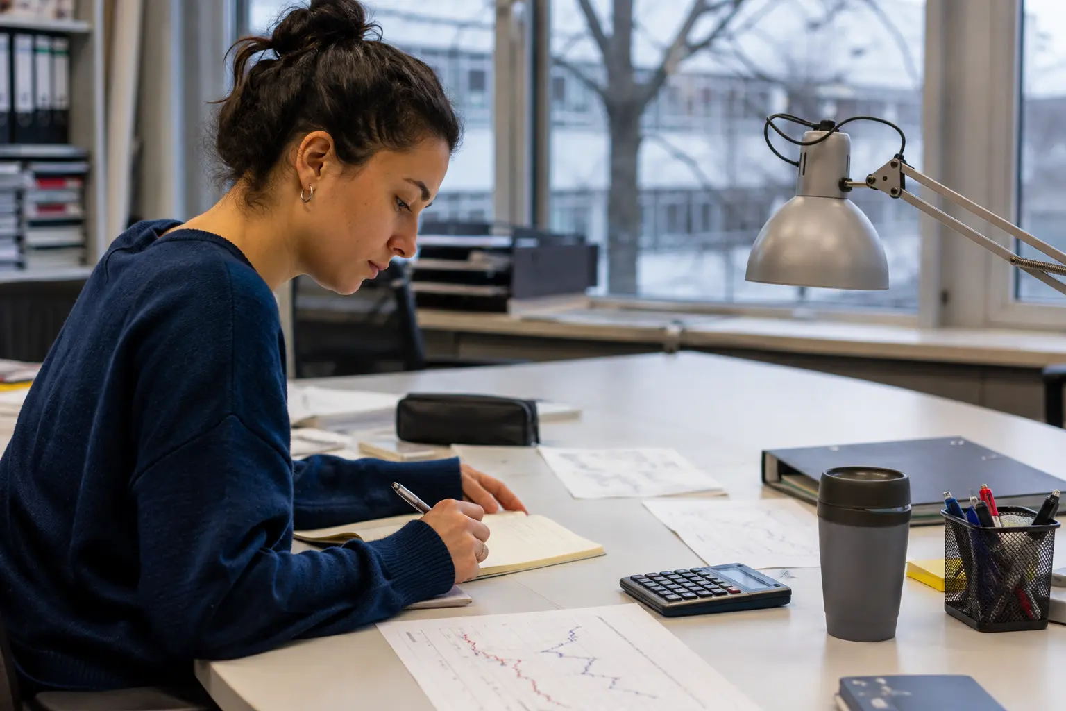 Studentin rechnet mit Notizen und Taschenrechner am Arbeitsplatz