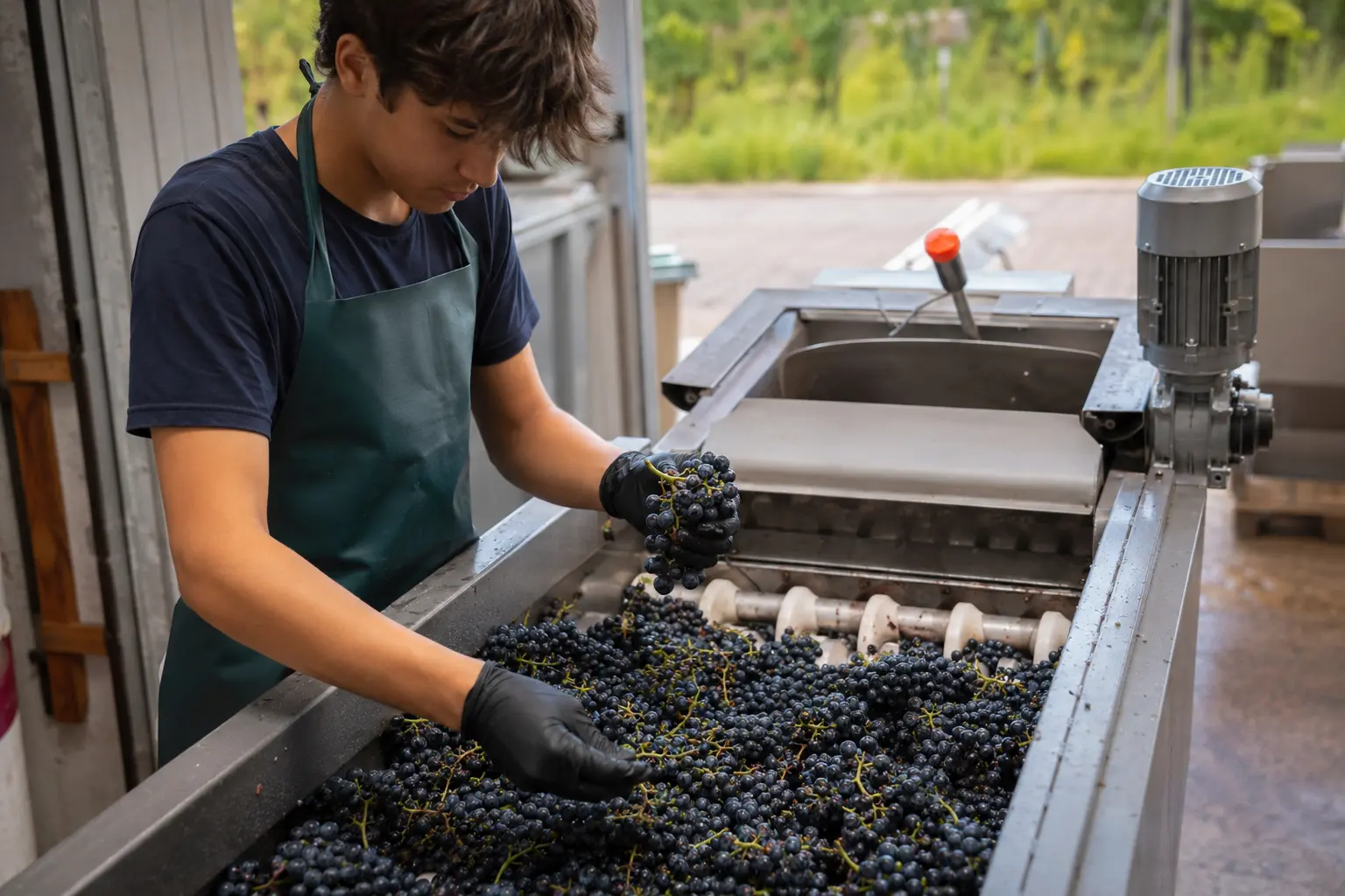 Weintechnologe/-technologin: Wein- und Obstbau: Traubenbeeren werden vom Traubenstiel und dessen Verzweigungen (auch: Kamm, Rappen), entfernt;