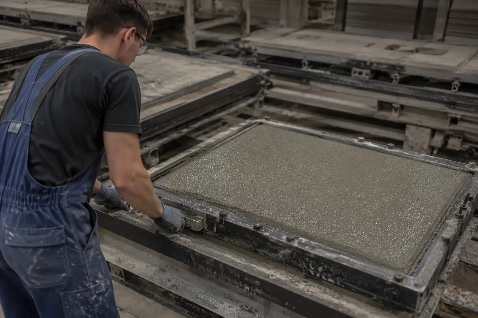 Werksteinhersteller/in: Gussform, die eine Betonmasse hält, bis sie erhärtet