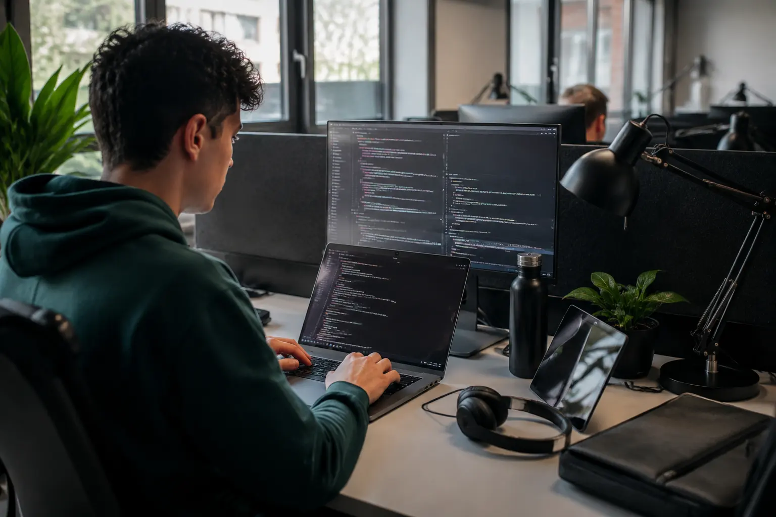 Student programmiert an zwei Bildschirmen mit Codeeditor