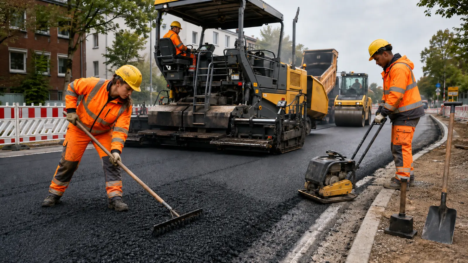 Zwei Bauarbeitende ziehen frischen Asphalt hinter dem Fertiger ab und verdichten den Randstreifen