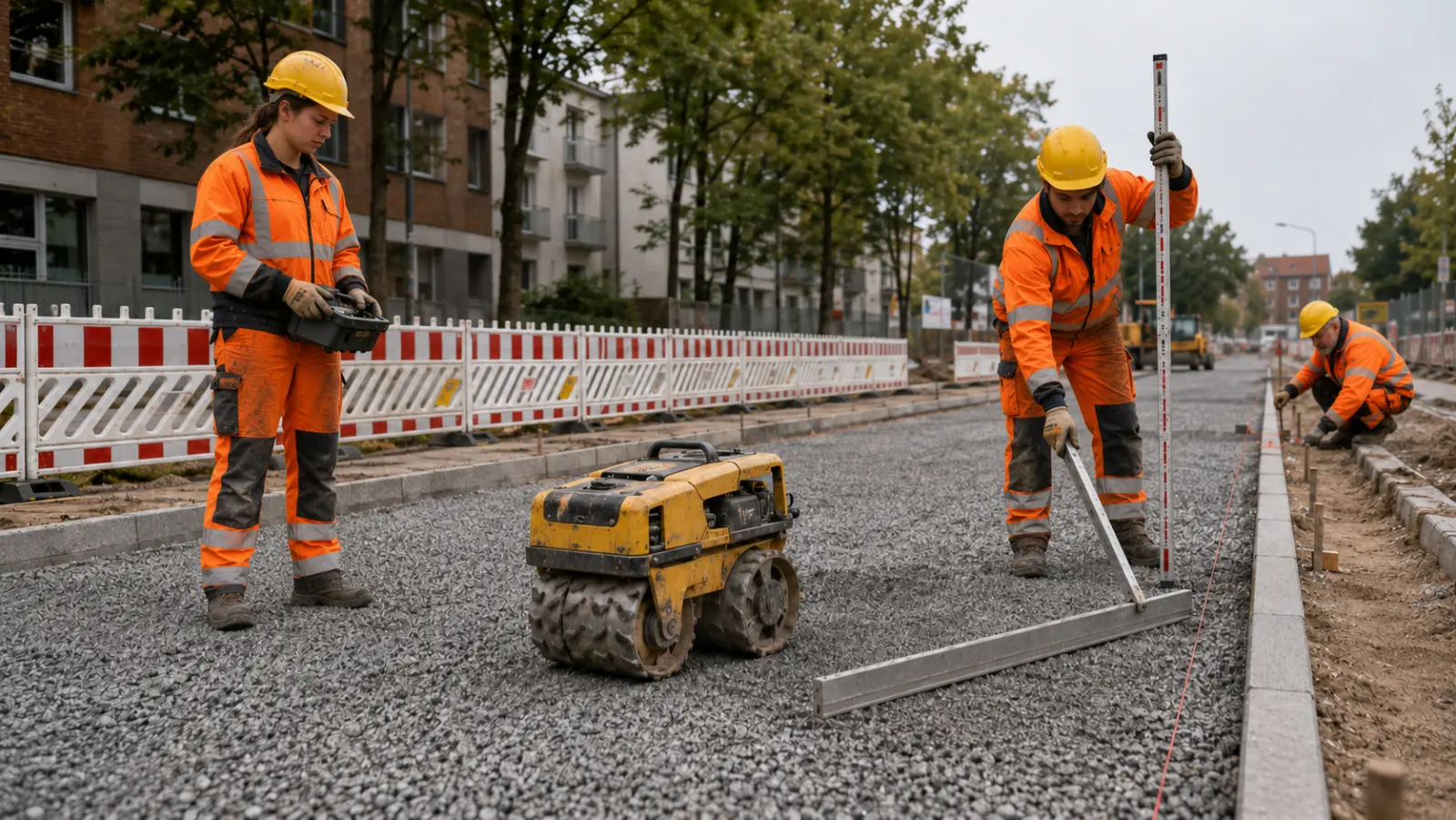 Zwei Bauarbeitende verdichten die Schottertragschicht mit einer Walze und prüfen die Höhe mit Nivellierlatte und Richtscheit
