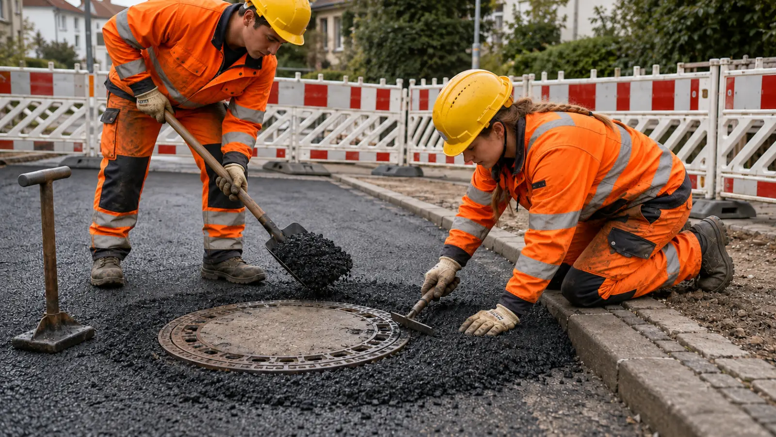 Zwei Bauarbeitende bauen Asphalt von Hand rund um einen Schachtdeckel ein