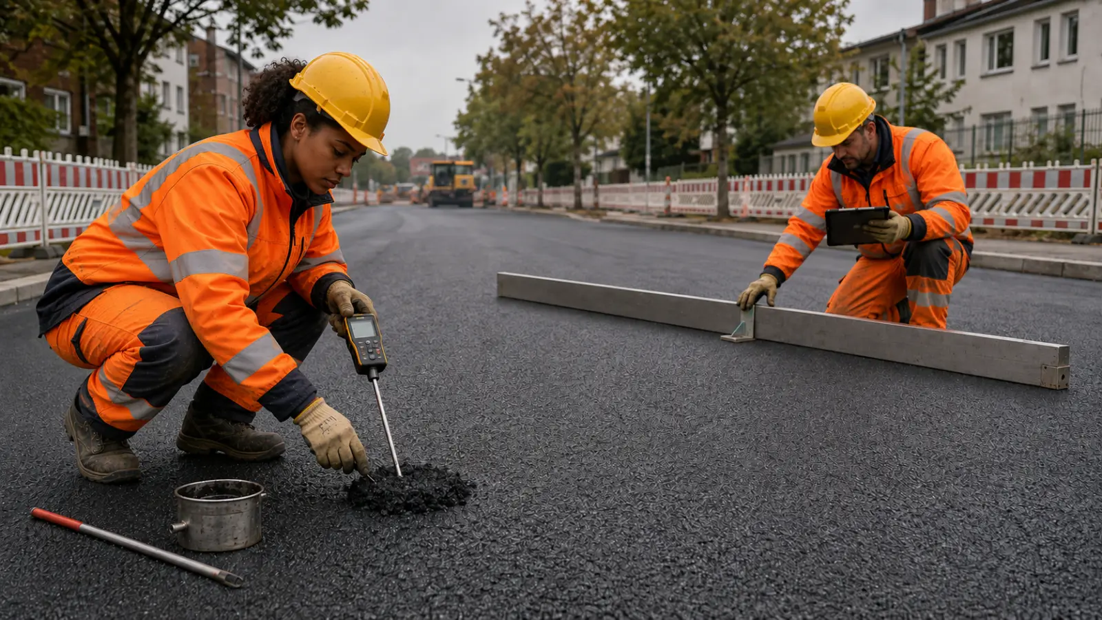 Bauarbeitende messen die Temperatur des frischen Asphalts und prüfen die Ebenheit mit einer Richtlatte