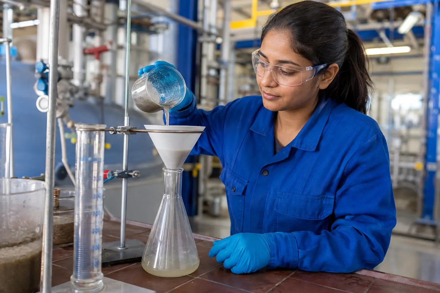 Chemikantin filtriert eine Probe im Betriebslabor