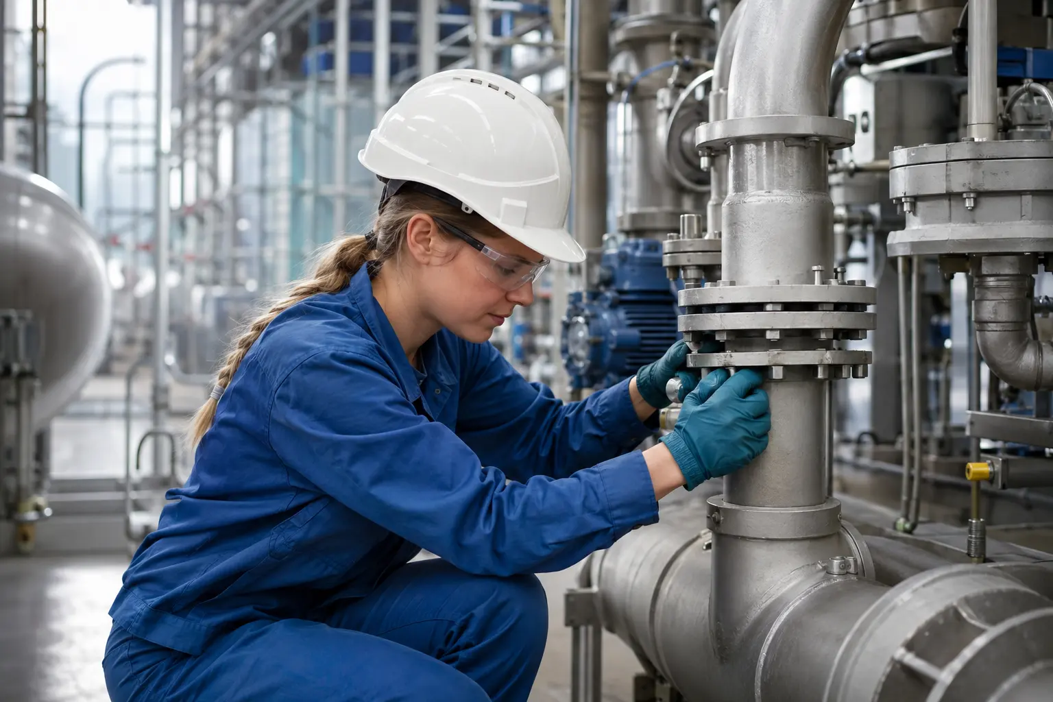 Chemikantin arbeitet an einer Rohrleitung der Produktionsanlage