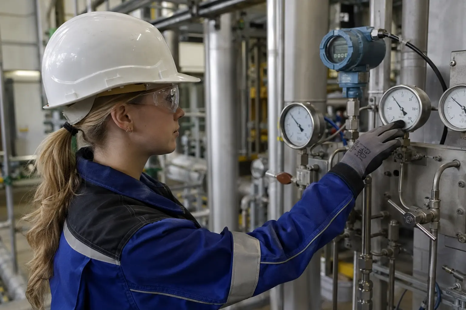 Chemikantin liest Manometer an der Anlage ab