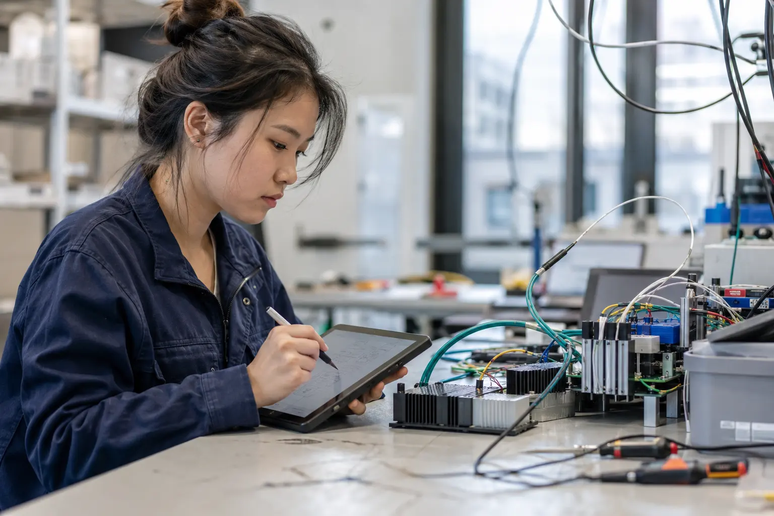 IT-System-Elektronikerin prüft eine Baugruppe und dokumentiert am Tablet